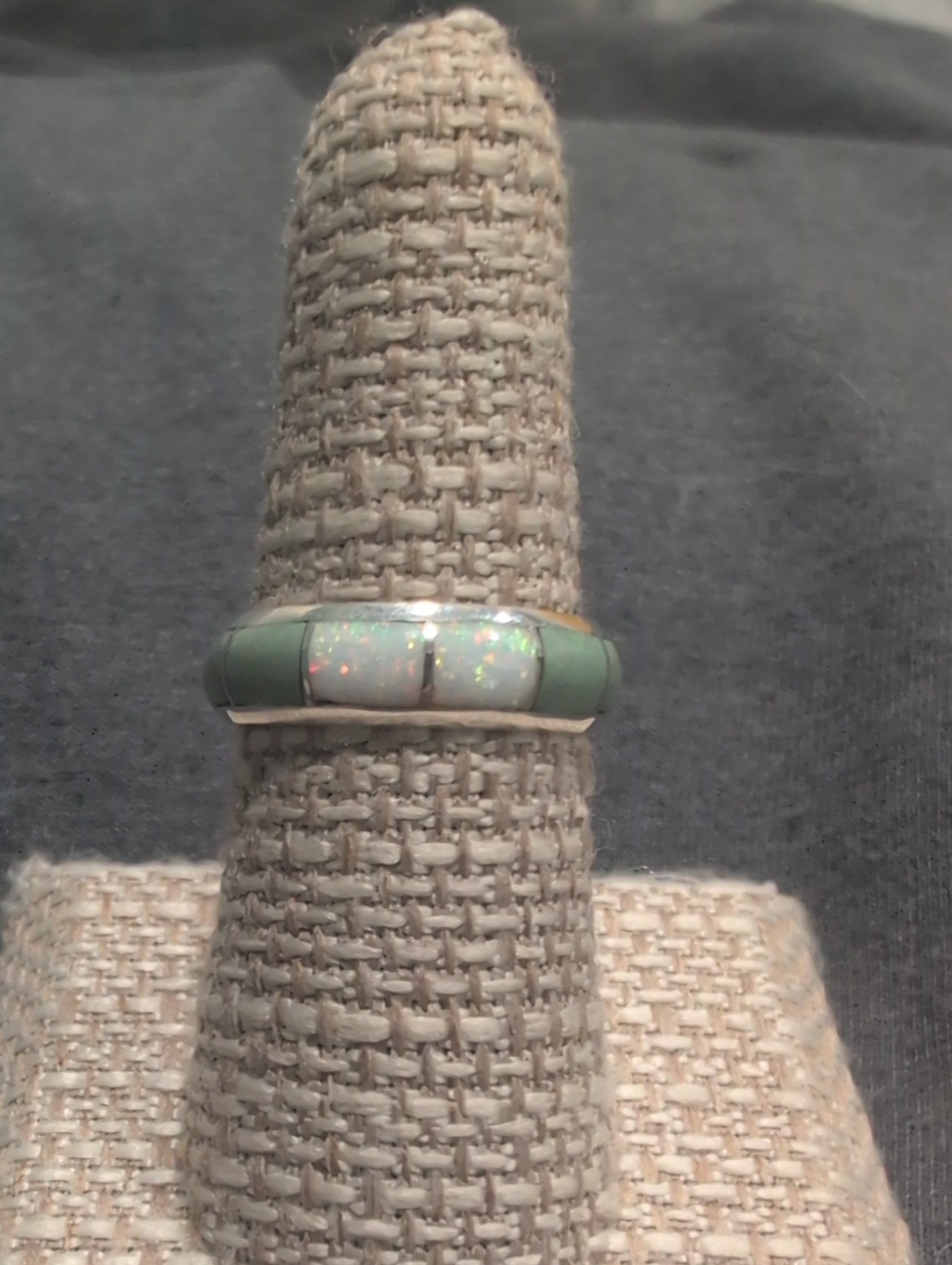 Zuni Sterling Silver Opal And Green Inlay Band